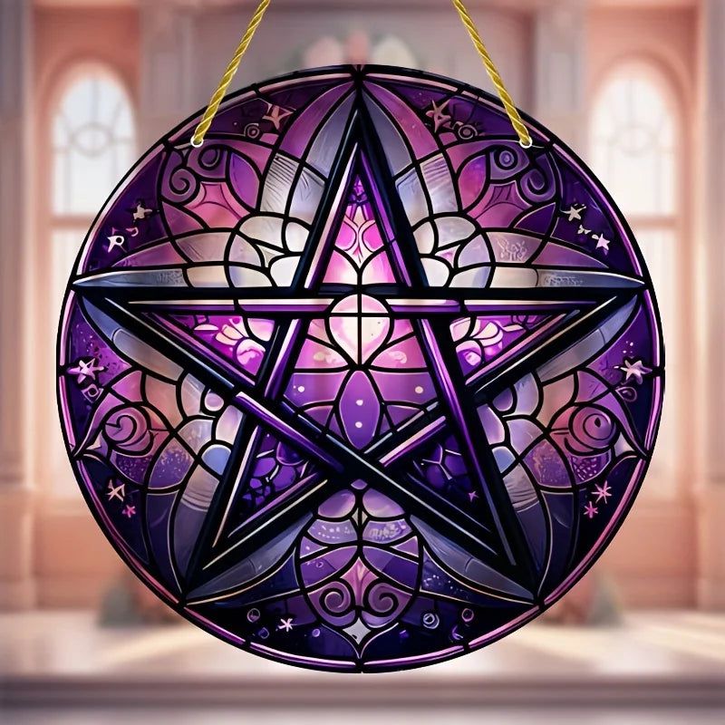 Wicca Pentacle Suncatcher Pagan Acrylic Round Sign Wicca Wall Hanging-MoonChildWorld