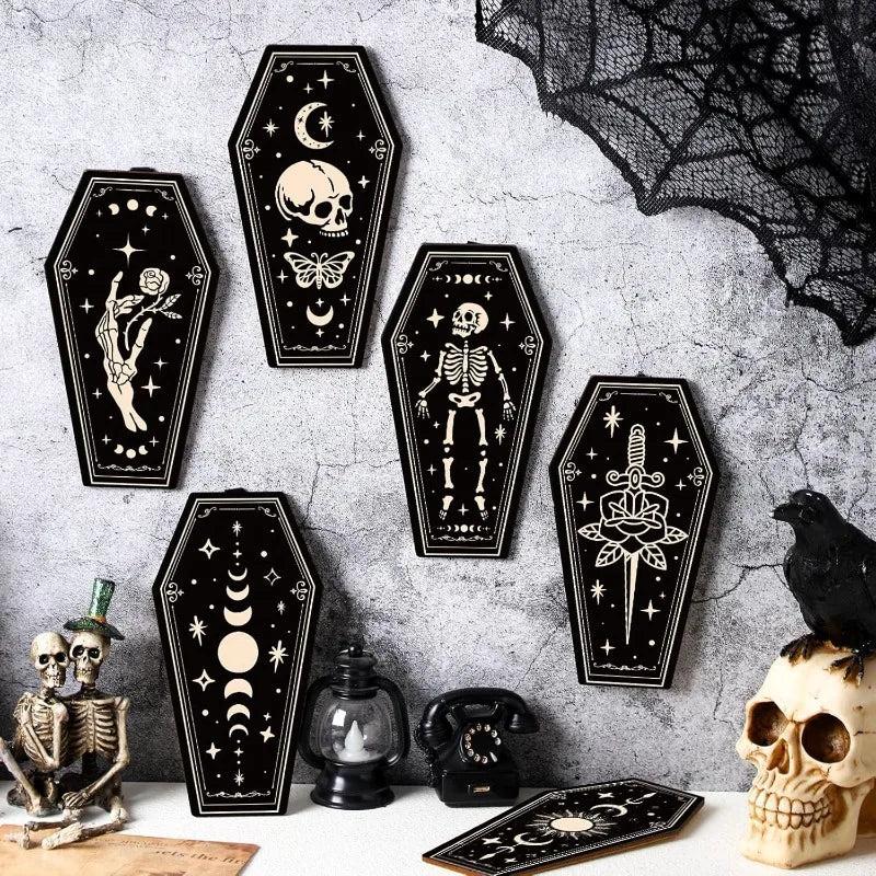 Skelaton Witchy Wall Art Wooden Hanging Signs - Skull Moon Wall Decor Set 6pcs - Gothic Home Decor for Dark Aesthetic-MoonChildWorld