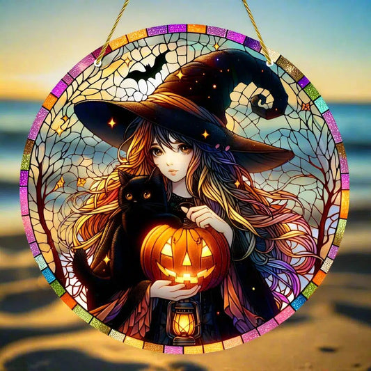 Pumpkin Witch Suncatcher Spooky Witch Window Hanging Halloween Decor