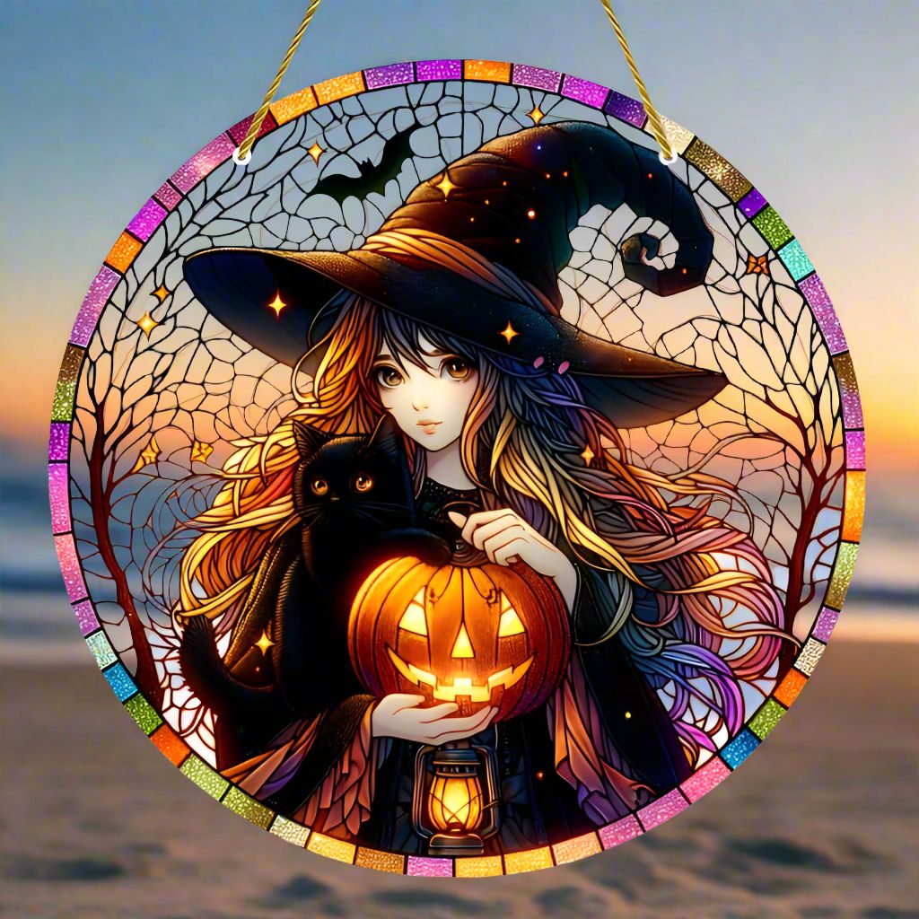 Pumpkin Witch Suncatcher Spooky Witch Window Hanging Halloween Decor-MoonChildWorld