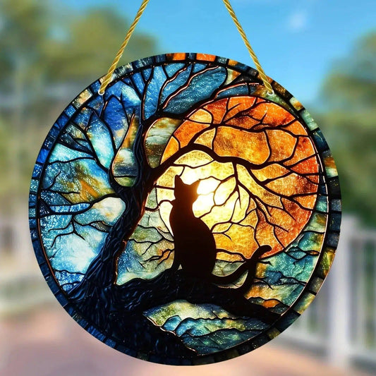 Black Cat In Moonlight Suncatcher Witchy Cat Acrylic Round Sign