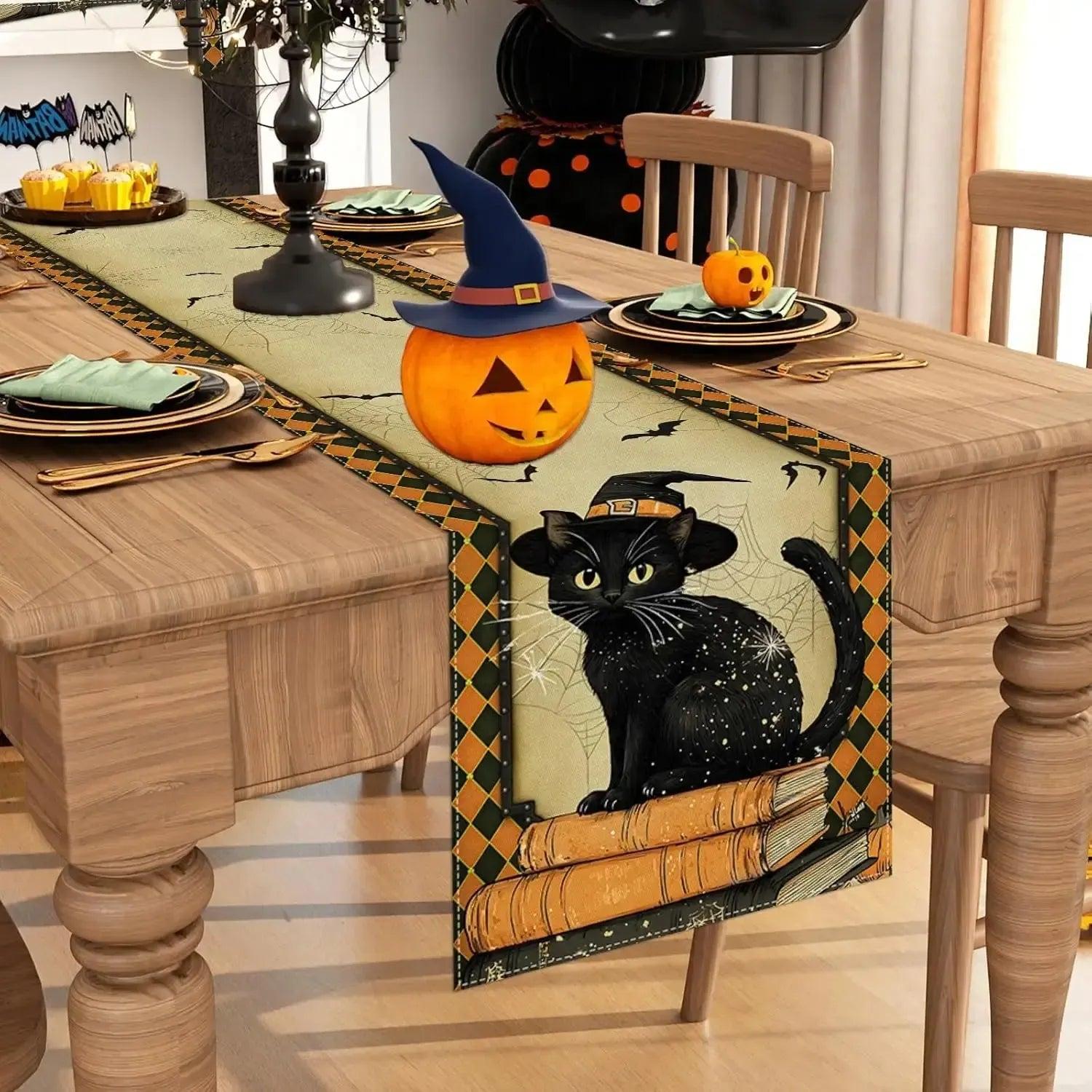 Gothic Black Cat Linen Table Runner - Spooky Table Runner Halloween Home Decor-MoonChildWorld