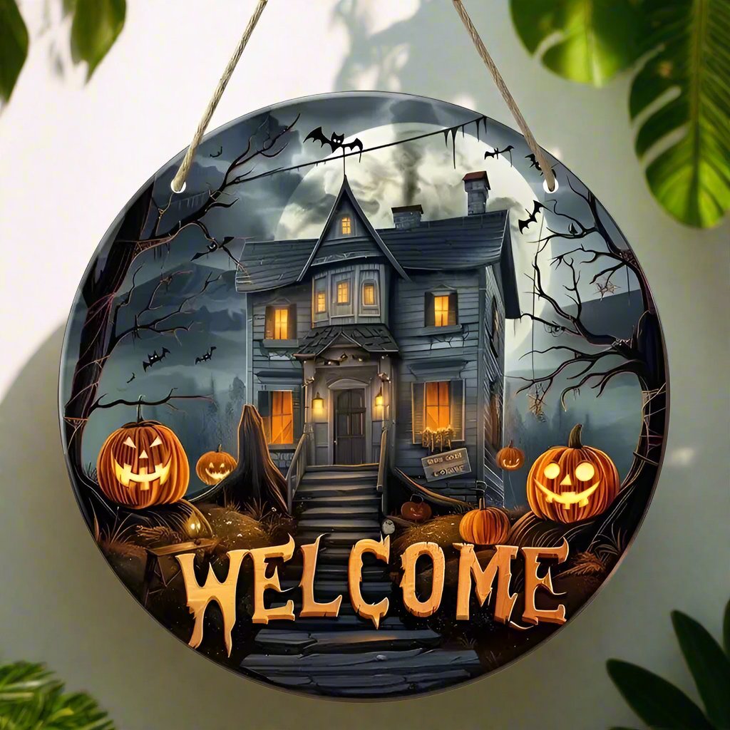 Gothic Haunted House Wooden Sign Witchy Hanging Sign for Halloween-MoonChildWorld