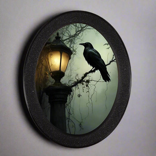 Dark Crow Retro Witch Wall Art - Black Raven Gothic Wooden Oval Frame Halloween Wall Decoration