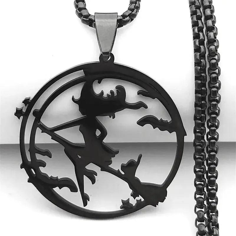 Broom Cat Gothic Witch Necklace – Witchcraft Wicca Necklace – Halloween Jewelry-MoonChildWorld