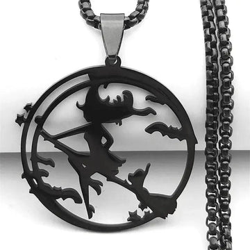 Broom Cat Gothic Witch Necklace – Witchcraft Wicca Necklace – Halloween Jewelry-MoonChildWorld