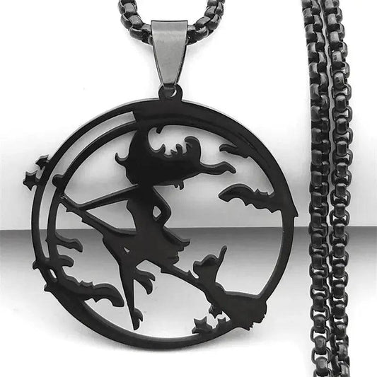 Broom Cat Gothic Witch Necklace – Witchcraft Wicca Necklace – Halloween Jewelry