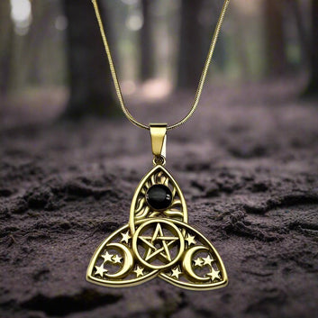Witch Triquetra Trinity Celtic Knot Necklace Pentagram Triple Moon Goddess Necklace Wicca Jewelry