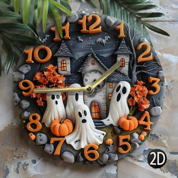 Halloween themed wooden wall clock with ghost, pumpkin designs, perfect for spooky decor-MoonChildWorld