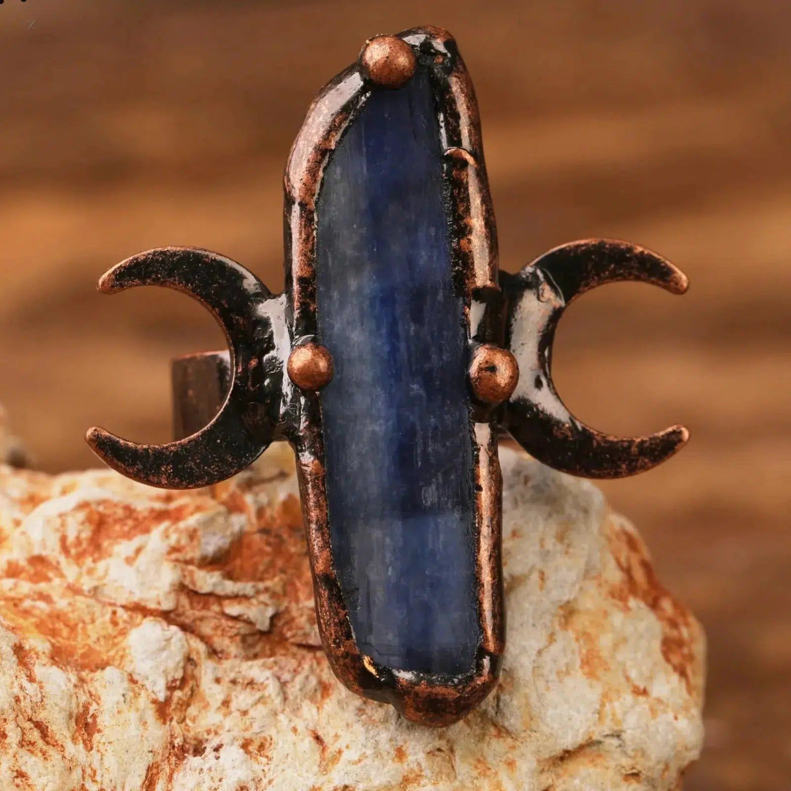 Blue Kyanite Wiccan Ring Healing Tripe Moon Open Rings-MoonChildWorld