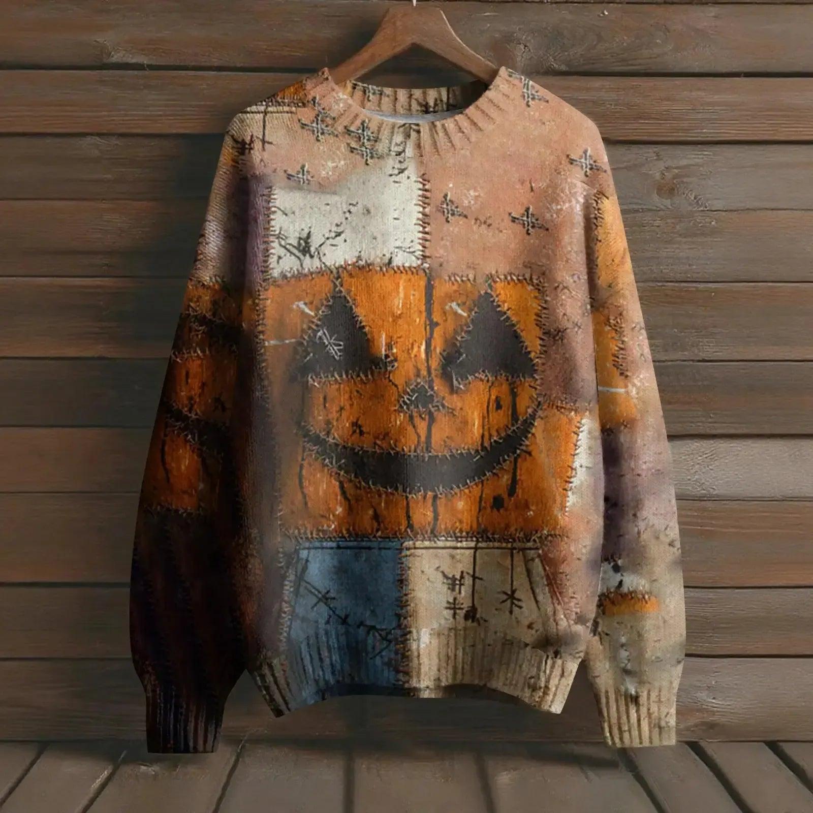 Creepy Pumpkin Long Sleeve Pullover Sweater - Gothic Witch Halloween Sweater-MoonChildWorld