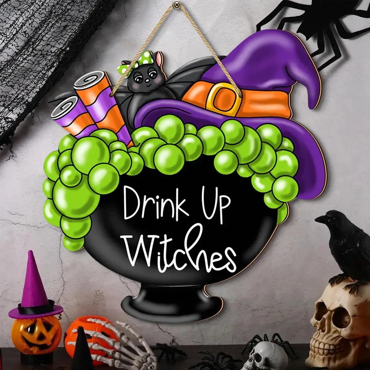 Halloween Cauldron Wooden Sign Wall Decor - Witchy Hanging Decoration Spooky Welcome Sign for Witch Home Decor-MoonChildWorld