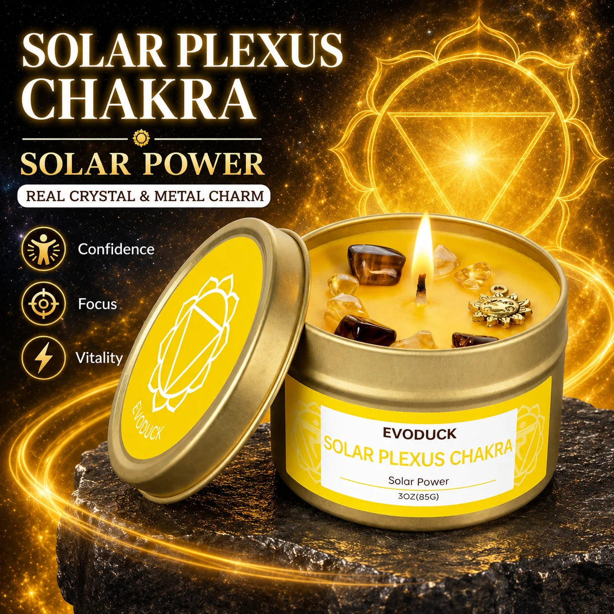 Solar plexus chakra crystal candle with rosemary and sun charm