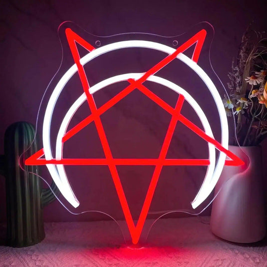 Witchcraft Moon and Pentagram LED Neon Light Sign Inverted Pentagram Neon Sign Gothic Wall Decor