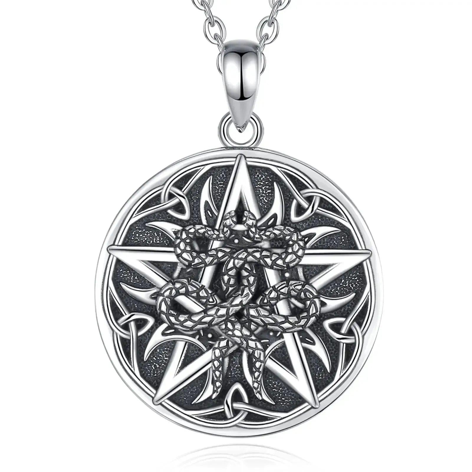 925 Sterling Silver Witchy Pentagram Snake Necklace Celtic knot Wicca Pagan Jewelry-MoonChildWorld