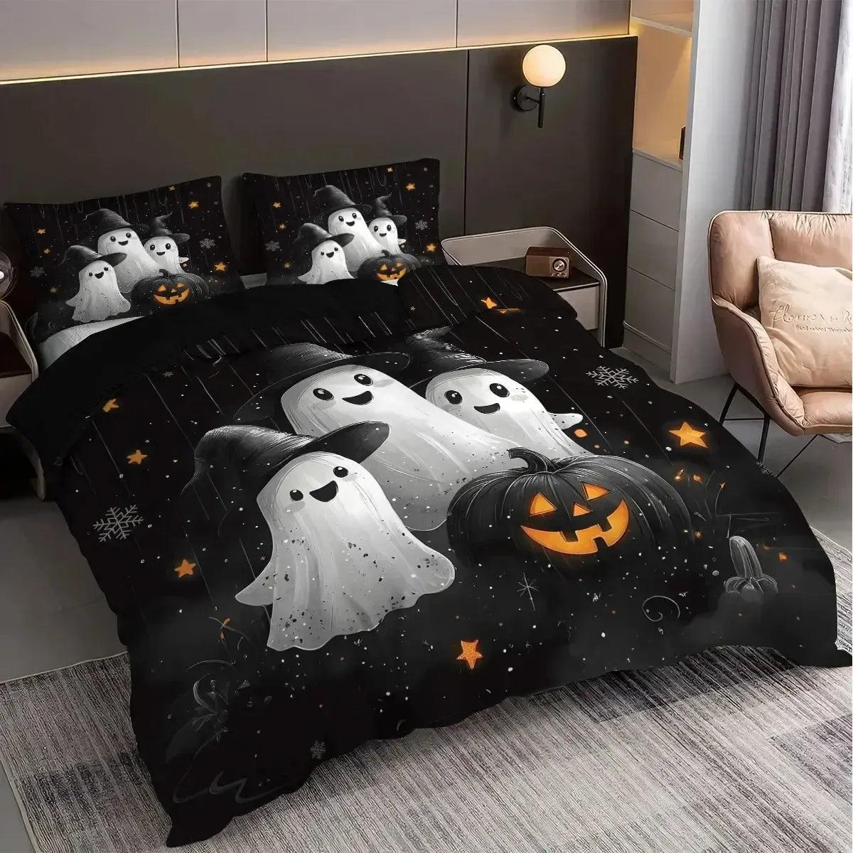 Spooky Pumpkin Cute Ghost Duvet Cover Set Halloween Bedding Set Witchy Home Decor-MoonChildWorld