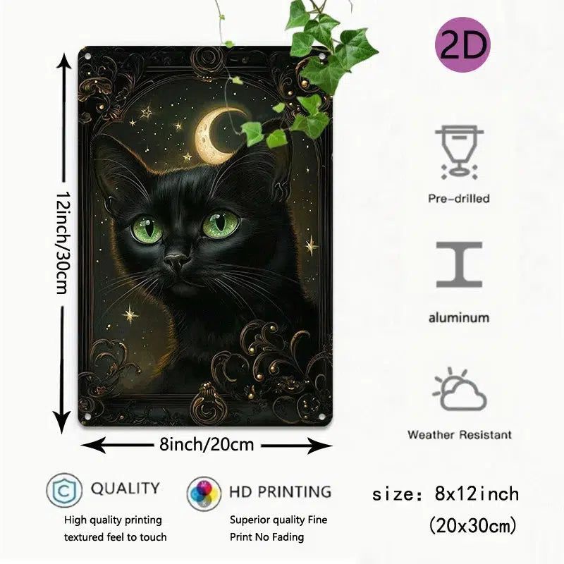 Vintage Black Cat with Green Eyes Wall Art Witchy Cat Metal Tin Sign-MoonChildWorld