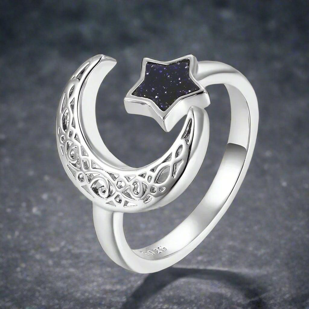 Celestial Blue Sand Stone Sparkling Moon Star Ring Celtic Moon Wiccan Ring-MoonChildWorld