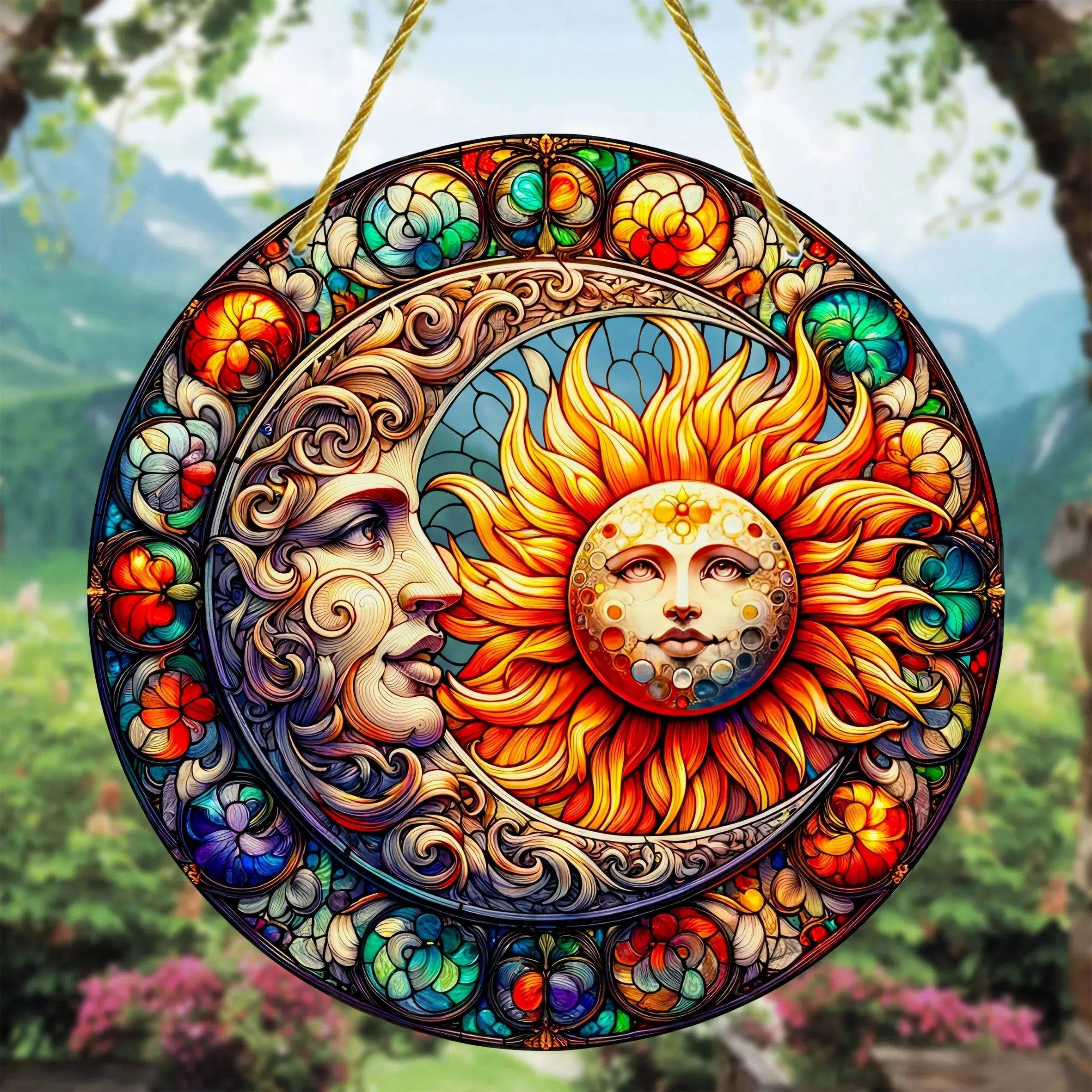 Sun and store moon stained glass sun catcher