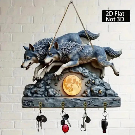 2D Two Wolves Chasing Full Moon Wooden Wooden Key Holder with Four Metal Hooks