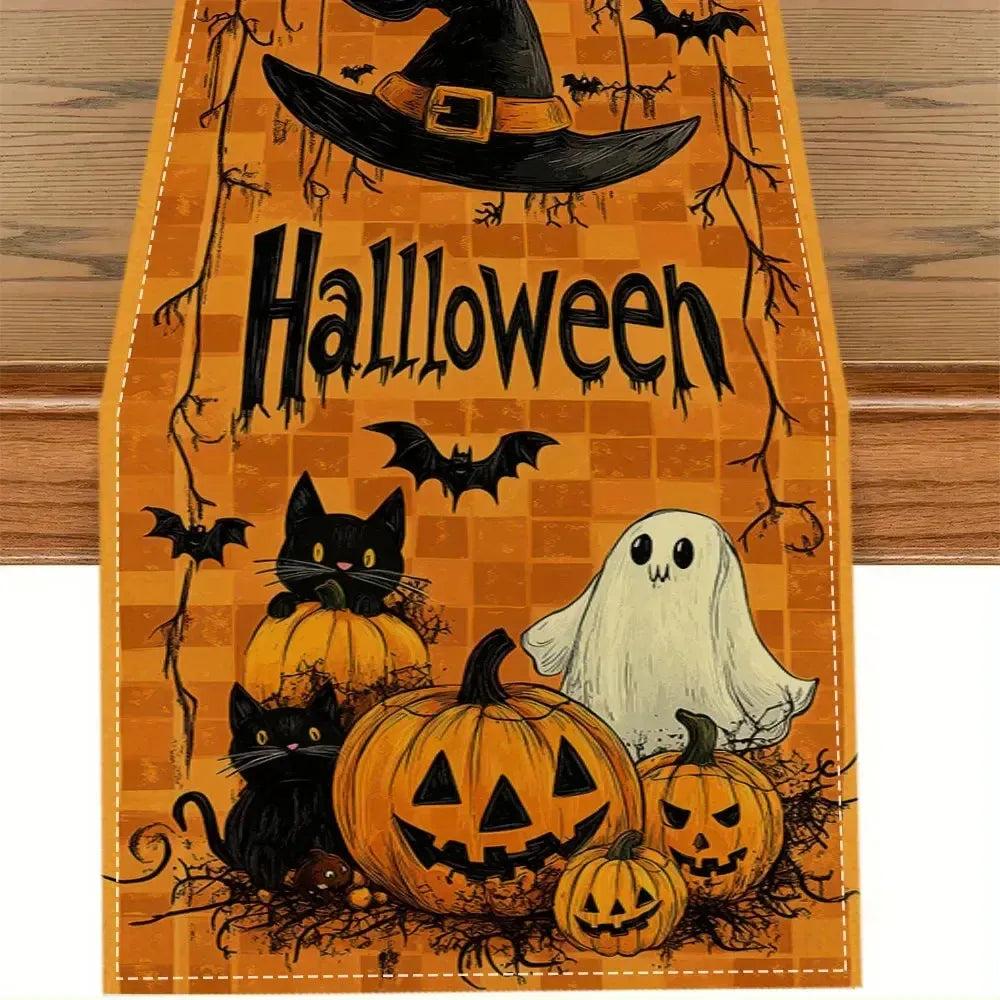 Halloween Table Runner with Black Cat, Ghost, Pumpkin - Gothic Witchy Table Runner-MoonChildWorld