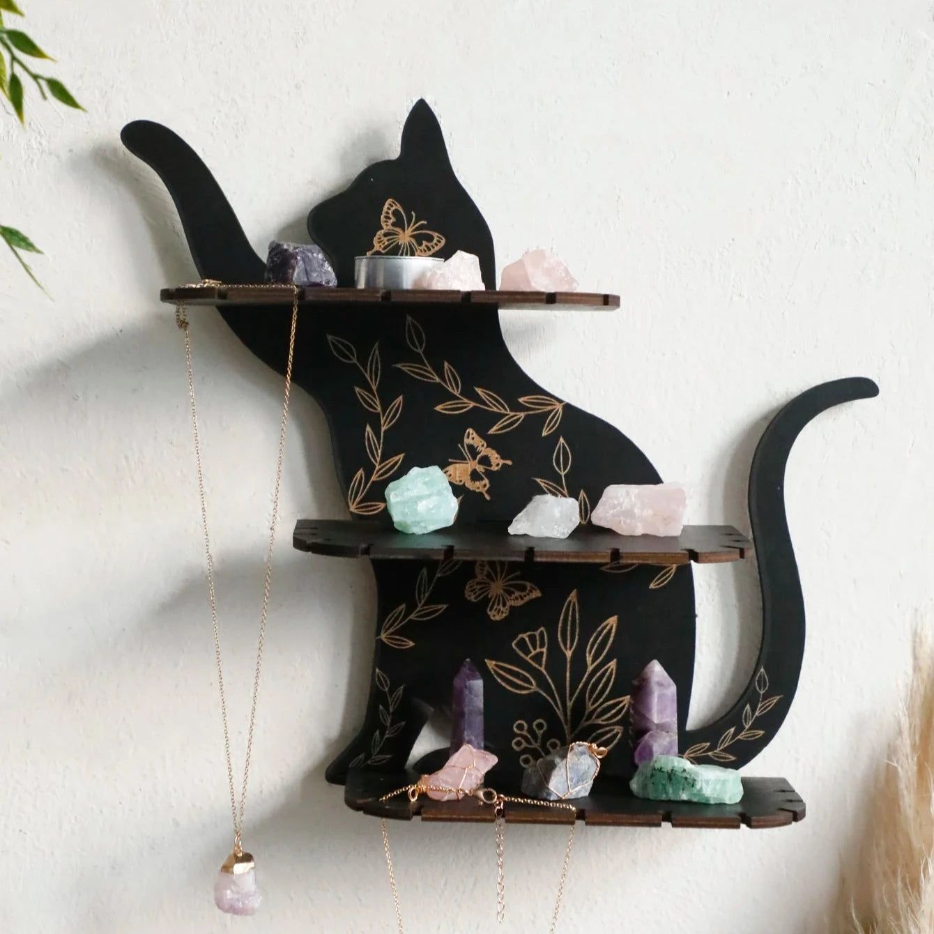 Flower Black cat Crystal Shelf Display Witchy Home Decorations Black Cat Wooden Wall Shelf-MoonChildWorld