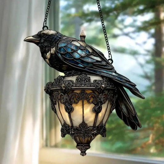 Raven on Lantern Suncatcher Halloween Crow Lantern Suncatcher Acrylic Ornament for Dark Academia Home