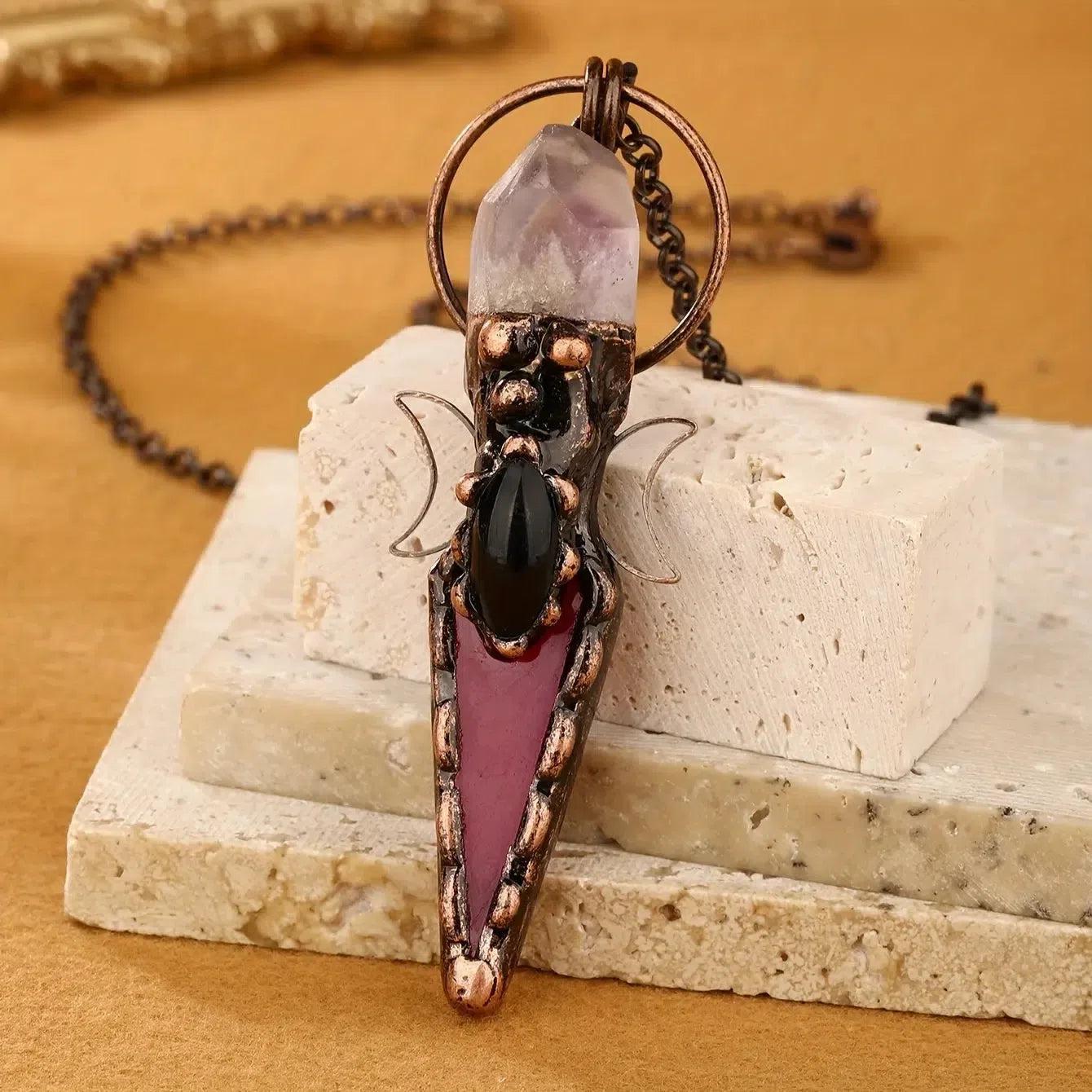 Pagan Triple Moon Wiccan Necklace Amethyst Natural Stone Necklace-MoonChildWorld