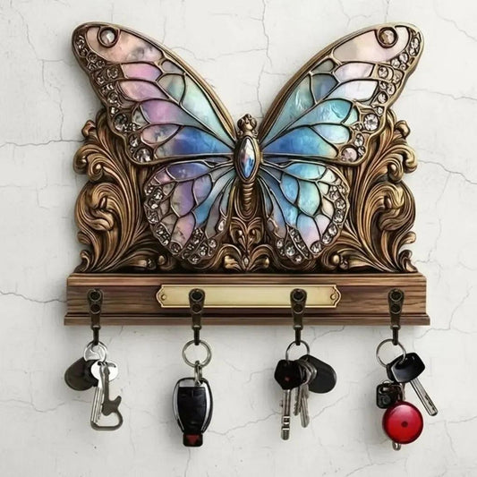 2D Retro Butterfly Wooden Key Holder with Four Metal Hooks