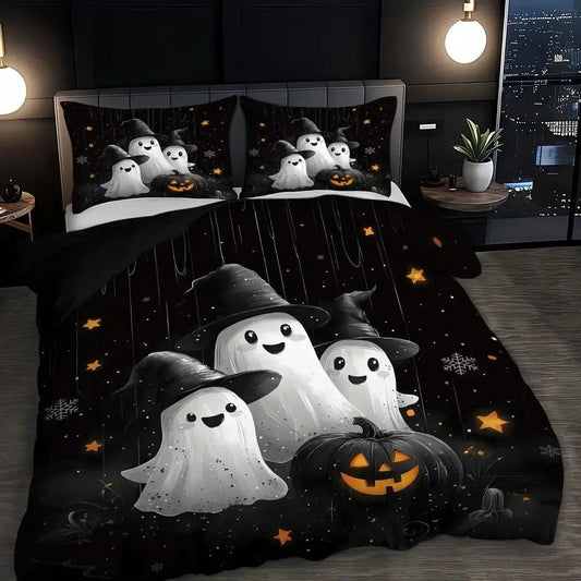 Spooky Pumpkin Cute Ghost Duvet Cover Set Halloween Bedding Set Witchy Home Decor