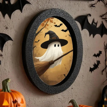 Cute Ghost Witchy Wooden Oval Frame - Gothic Oval Wall Art for Spooky Halloween Home Decor