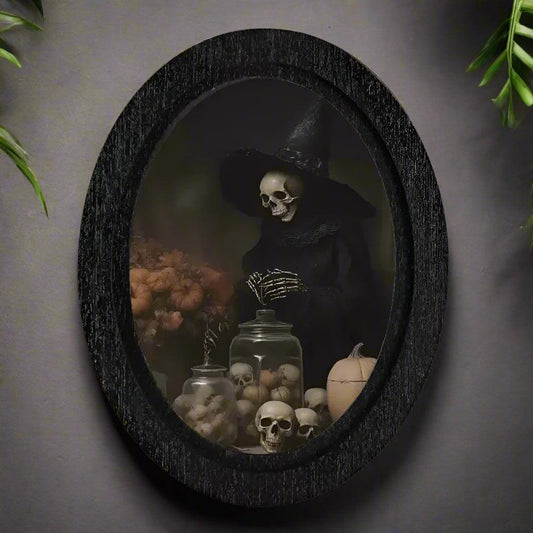 Skeleton Wizard Wooden Oval Frame - Gothic Oval Wall Art - Spooky Halloween Wall Decoration