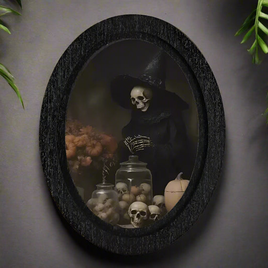 Skeleton Wizard Wooden Oval Frame - Gothic Oval Wall Art - Spooky Halloween Wall Decoration