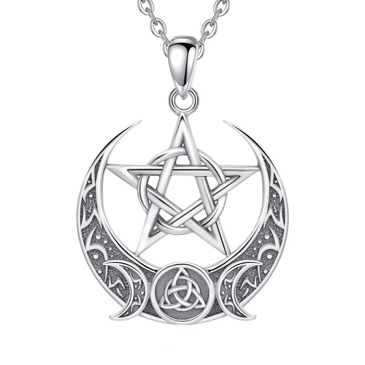 Witch Pentagram Celtic Knot Triple Moon Necklace