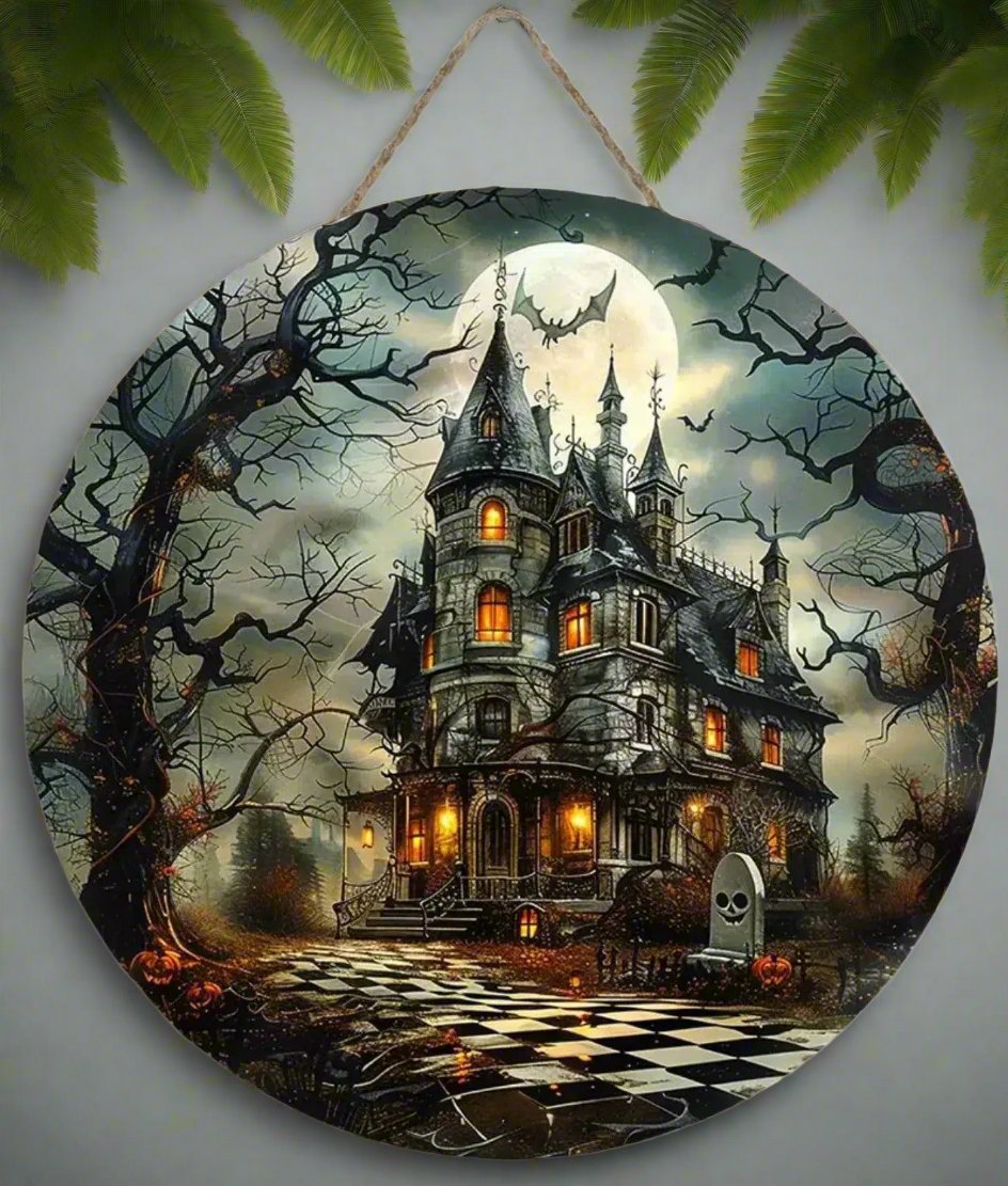 Gothic Haunted House Wooden Sign Witchy Hanging Sign for Halloween-MoonChildWorld