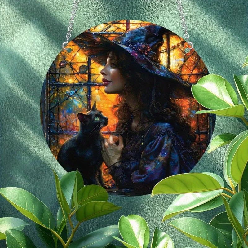 Black Cat Witch Suncatcher Mystic Acrylic Round Sign-MoonChildWorld