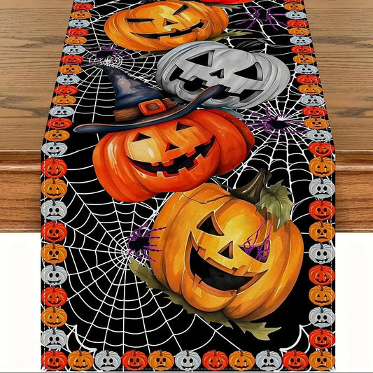 Pumpkin Lantern and Spider Web Halloween Table Runner for Gothic Home Decor