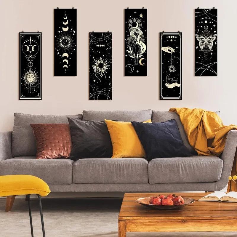 Boho Celestial Wall Decor Set 6Pcs - Wicca Sun Moon Phases Wooden Hanging Signs for Witch Home Decor-MoonChildWorld