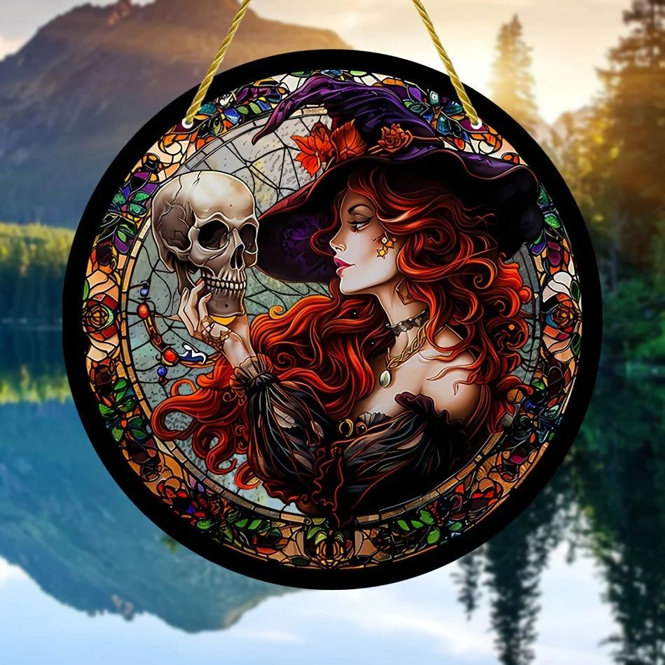 Skull Witch Suncatcher Gothic Acrylic Round Sign Halloween Home Decor-MoonChildWorld