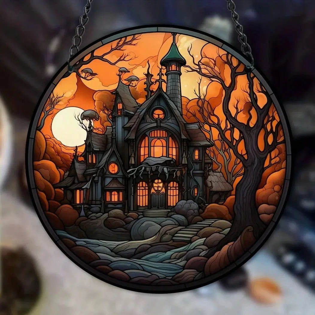 Haunting House Witch Suncatcher Halloween Acrylic Round Sign-MoonChildWorld