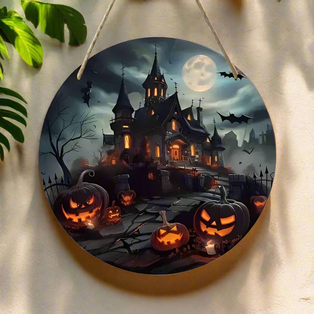 Gothic Haunted House Wooden Sign Witchy Hanging Sign for Halloween-MoonChildWorld