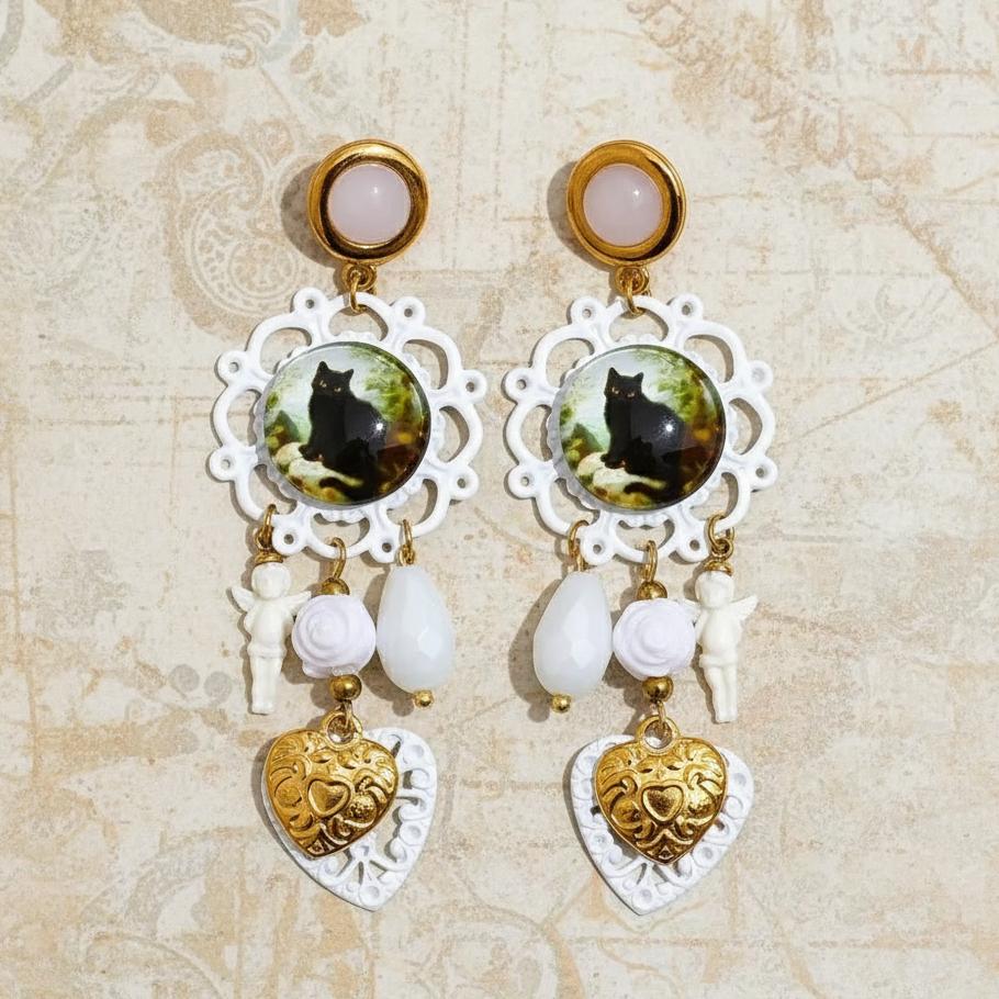 Black Crystal Occult Cat Heart Drop Earrings Witch Jewelry-MoonChildWorld