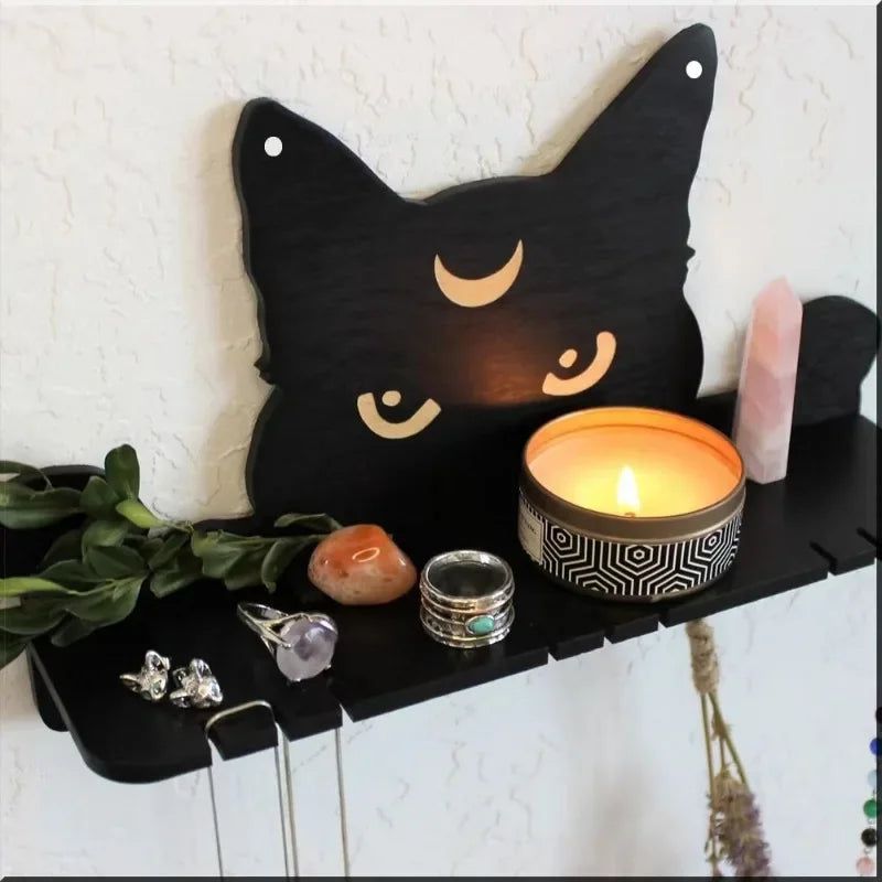 Black cat Crystal Shelf Display Witchy Home Decorations Moon Cat Wooden Shelf-MoonChildWorld