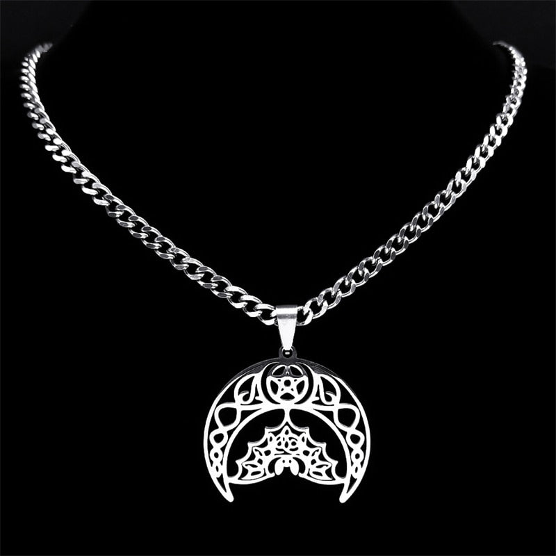 Crescent Moon Pentagram Bat Witch Necklace-MoonChildWorld