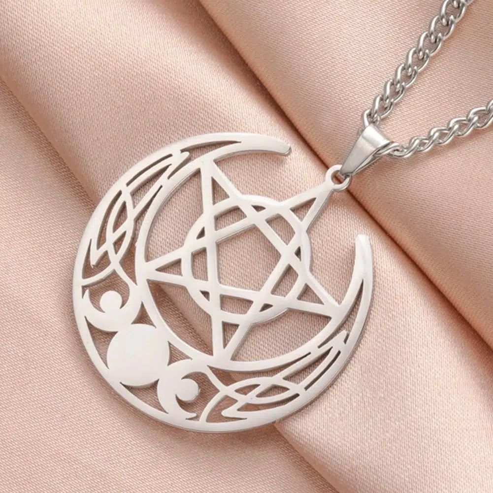 Triple Moon Goddess Necklace Crescent Moon Pentagram Witchcraft Jewelry-MoonChildWorld