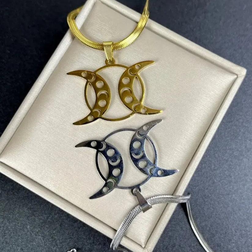 Wicca Triple Moon Necklace - Crescent Moon and Moon Phases Necklace-MoonChildWorld