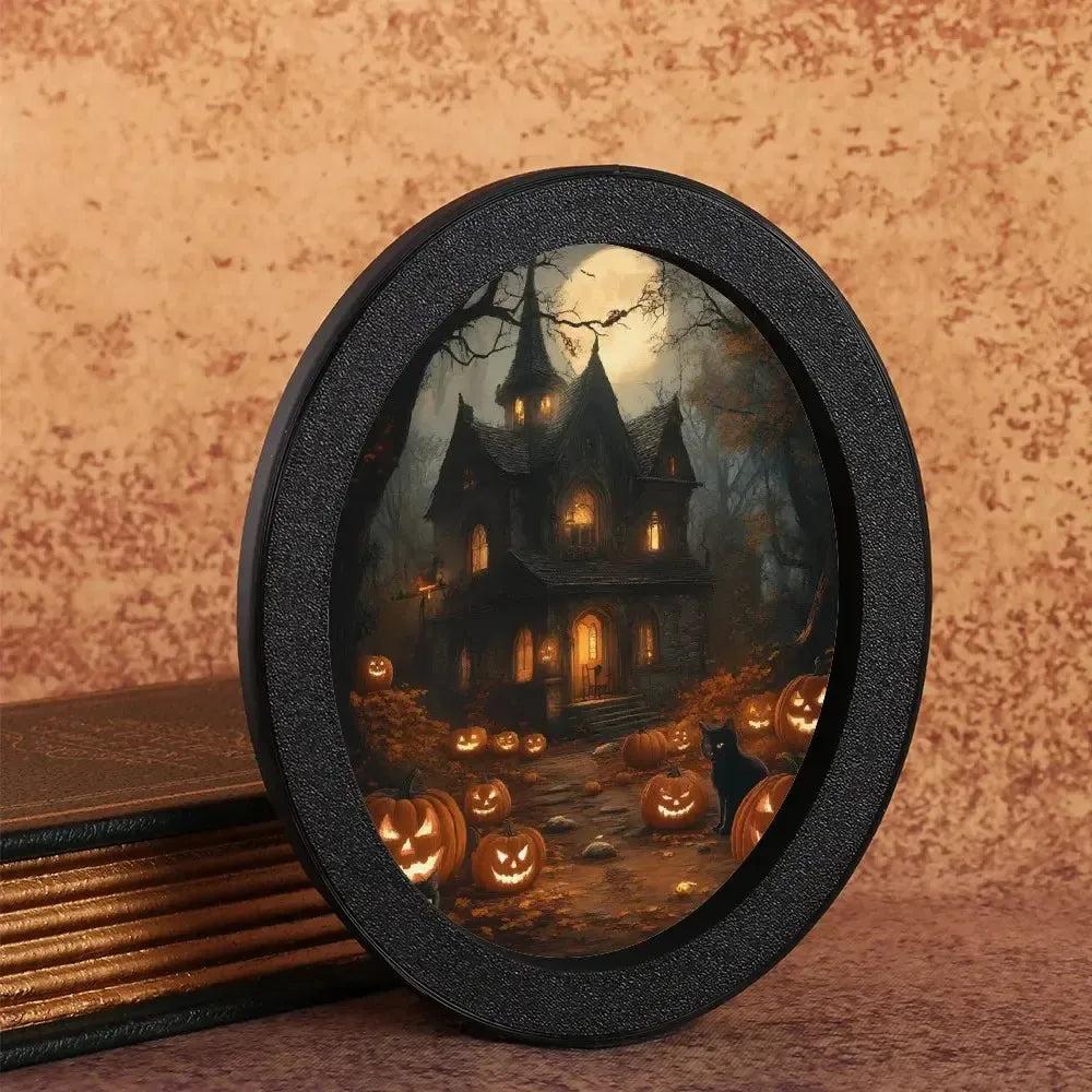Pumpkin and Gothic Castle Wooden Oval Frame - Spooky Oval Wall Art - Halloween Wall Decoration-MoonChildWorld