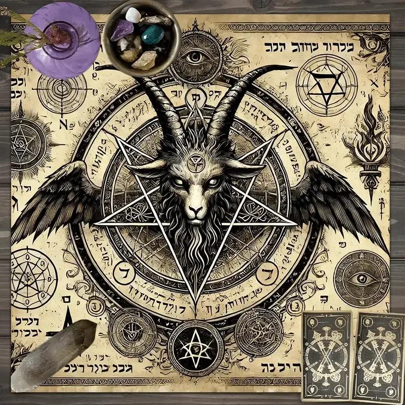 Dark Ritual Witchcraft Altar cloth Pentagram Goat Hebrew Runes Altar Divination Gothic Tablecloth-MoonChildWorld