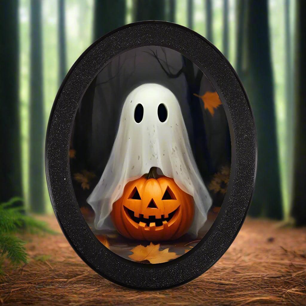 Spooky Ghost with Pumpkin Wooden Oval Frame - Gothic Oval Wall Art Halloween Wall Decoration-MoonChildWorld