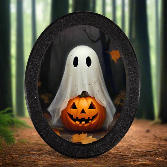 Spooky Ghost with Pumpkin Wooden Oval Frame - Gothic Oval Wall Art Halloween Wall Decoration